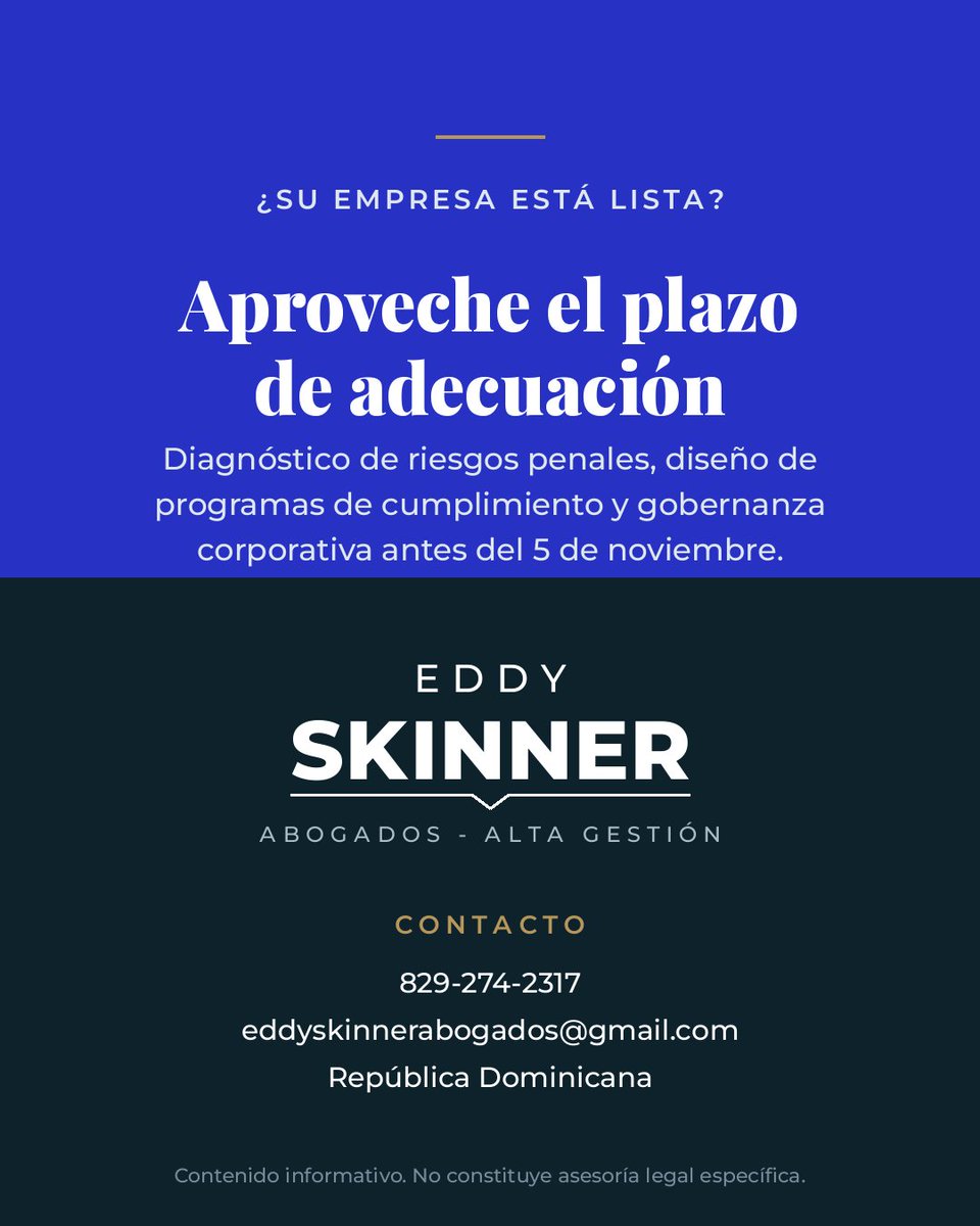 EddySkinnerAAG's tweet photo. Aprovecha el plazo de adecuación: diagnóstico de riesgos penales, diseño de programas de cumplimiento y gobernanza corporativa. https://t.co/MHyR7N9j6Q