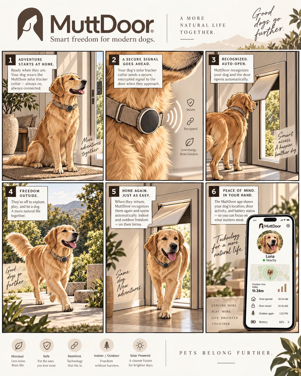 narimediaio's tweet photo. What if your dog collar could do more than track location?

MuttDoor is a concept for a solar-powered smart collar that connects to an automatic pet door, opening only when your dog approaches.

Track them. Let them roam. Give them a little more freedom.

Good dogs go further. https://t.co/9iHPR6ogp8