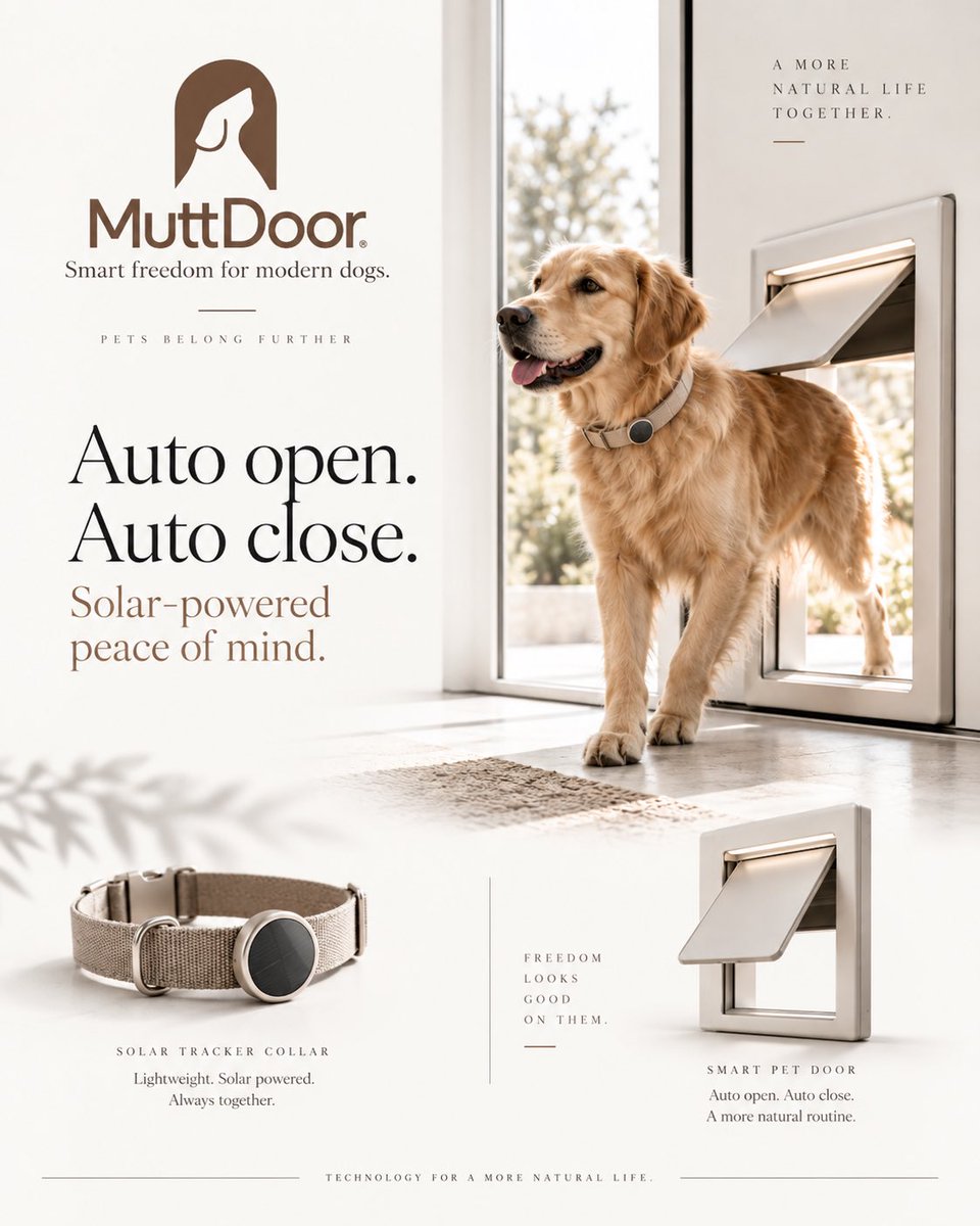 narimediaio's tweet photo. What if your dog collar could do more than track location?

MuttDoor is a concept for a solar-powered smart collar that connects to an automatic pet door, opening only when your dog approaches.

Track them. Let them roam. Give them a little more freedom.

Good dogs go further. https://t.co/9iHPR6ogp8
