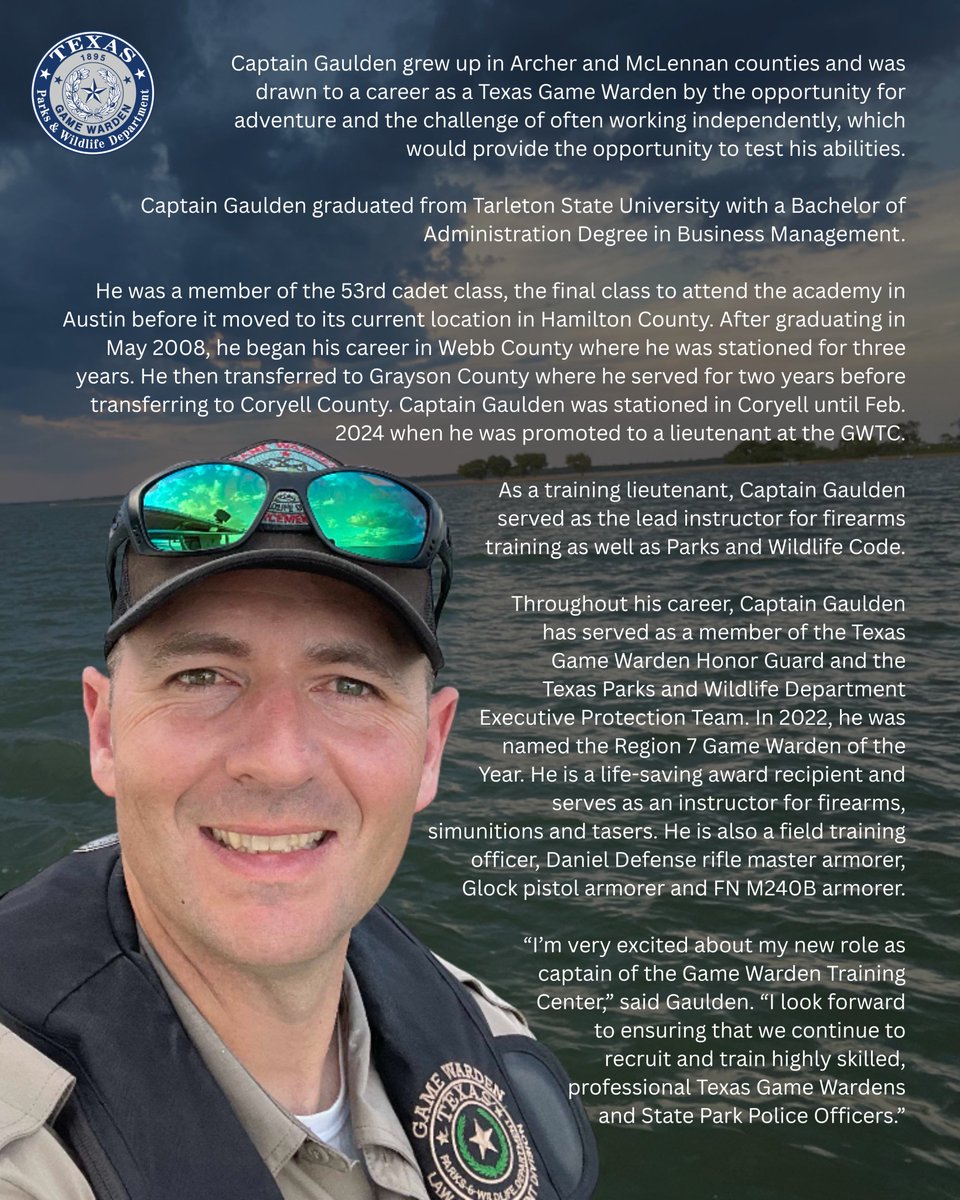 TexasGameWarden's tweet photo. We are proud to announce the promotion of Colt Gaulden as the new captain for the Texas Game Warden Training Center (GWTC). 
Please join us in congratulating Captain Colt Gaulden on his promotion and wishing him success in this new chapter! https://t.co/ZxUXqdSDSp