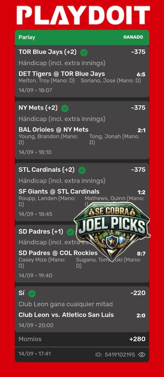 J0elHerrera's tweet photo. 💰#GrupoFreepicks™
Se cobra Live -148 ✅
Se cobra Parley -134✅ 
Se cobra Parley +280✅

💎#Premium™
Se cobra Live -148 ✅ 
Se cobra PARLEY -134✅ https://t.co/30HeBNNm19