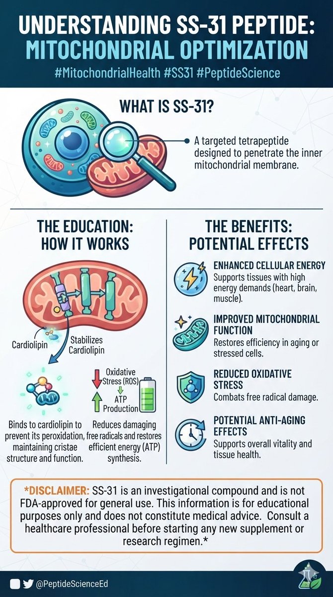 Qsentus1776's tweet photo. 🧬 Understanding SS-31: The Future of Mitochondrial Optimization 🔋Ever wonder how our cells maintain their energy as we age or face metabolic stress? The answer often lies deep within our mitochondria—the cellular powerhouses. Meet SS-31 (also known as Elamipretide), a highly targeted peptide gaining massive attention in biohacking and longevity science.Unlike general antioxidants, SS-31 has a unique ability to cross directly into the inner mitochondrial membrane to fix energy production at its root.💡 The Science Behind How It Works:Targets Cardiolipin: It binds specifically to cardiolipin, a crucial lipid that holds the structure of the inner mitochondrial membrane together.Restores Cellular Power: By stabilizing this structure, it helps the cell efficiently produce ATP (the body's primary energy currency).Fights Oxidative Stress: It significantly reduces the accumulation of damaging free radicals right where they are produced.🌟 Potential Benefits Being Researched:Enhanced cellular energy in high-demand tissues like the heart, brain, and muscles.Improved recovery and mitochondrial efficiency in aging or stressed cells.Systematic reduction of chronic oxidative damage.Disclaimer: SS-31 is an investigational compound and is not FDA-approved for general public use. This post is strictly for educational purposes and does not constitute medical advice. Always consult with a healthcare professional regarding research regimens.#MitochondrialHealth #SS31 #PeptideScience #CellularEnergy #Biohacking #LongevityScience #AntiAging #Mitochondria #HealthOptimization #ScienceEducation