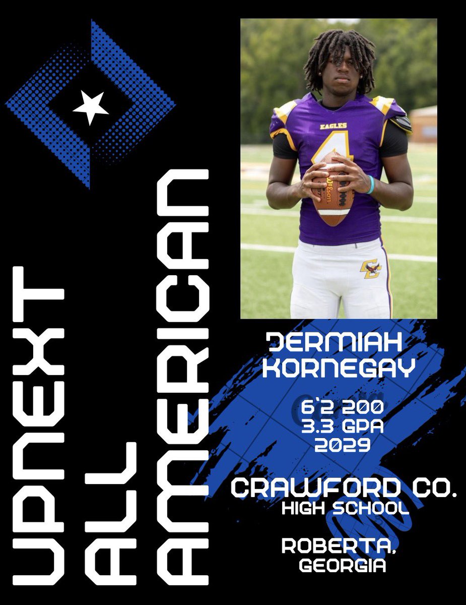 BigFaceSportss's tweet photo. Jermiah Kornegay, Class of 2029, a talented young athlete from Crawford County High School in Roberta, Georgia, will be playing in the UPNEXT HIGH SCHOOL ALL AMERICAN GAME.

Event Details:
Date: December 19, 2026
Time: 2:00 PM
Location: Deimel Field, St. Anne-Pacelli Catholic School, 2020 Kay Circle, Columbus, GA 31907

About Jermiah Kornegay
School: Crawford County High School, Roberta, GA
Class of 2029

Get ready for an exciting matchup as Jermiah showcases his skills alongside other top athletes in the UPNEXT HIGH SCHOOL ALL AMERICAN GAME!