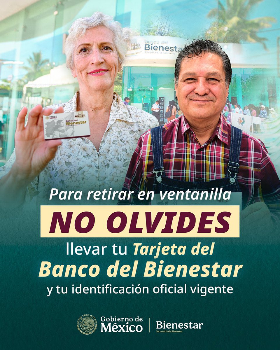 BienestarQro's tweet photo. Si vas a retirar tu recurso en la ventanilla del #BancoDelBienestar, recuerda llevar contigo tu tarjeta y una identificación oficial.

Así podrás realizar tu retiro de manera sencilla y segura.

#LaHonestidadDaResultados
#ConstruyendoBienestar https://t.co/PQ8mUaZuvc