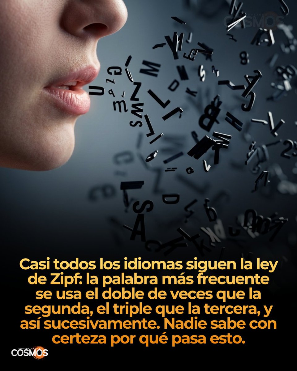 cecosmos_'s tweet photo. La ley de Zipf establece que en casi cualquier idioma, si ordenas las palabras de más a menos usadas, existe una relación matemática simple entre esa posición (rango) y su frecuencia: la palabra más común aparece el doble de veces que la segunda, el triple que la tercera, y así sucesivamente. Este patrón se repite en inglés, español, chino, textos antiguos, e incluso en sistemas que no son idiomas, como el código de programación o ciertas secuencias de ADN.

Lo llamativo es que los científicos aún no tienen una explicación definitiva de por qué sucede esto. Existen varias hipótesis: una plantea que refleja un equilibrio entre el esfuerzo del hablante (usar palabras cortas y simples) y la necesidad del oyente de entender con precisión. Otra sugiere que es simplemente un artefacto estadístico, ya que modelos aleatorios sin ninguna intención comunicativa también generan distribuciones similares.

Ninguna de estas teorías ha logrado un consenso claro entre los investigadores. Por eso la ley de Zipf sigue siendo uno de los patrones más robustos y misteriosos del lenguaje: extremadamente consistente en su aparición, pero sin una causa raíz comprobada.

📄📌Referencia:
The Boar. (2020, July). What is Zipf's Law? The Boar.