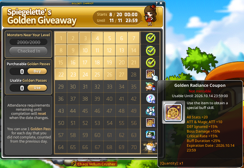ipebbbb's tweet photo. Daily Reminder! @MaplestoryU 
Gold Richie VIP buff expires tomorrow (Sep 16)!
Don't forget your daily attendance in Spiegelette's Golden Giveaway to claim the Golden Radiance Coupon (Day 28) for the exact same stat boosts (+20 Stats, +10 ATT, +15% Boss/IED/Crit &amp; Buff 20%) https://t.co/l72BfCc2yw