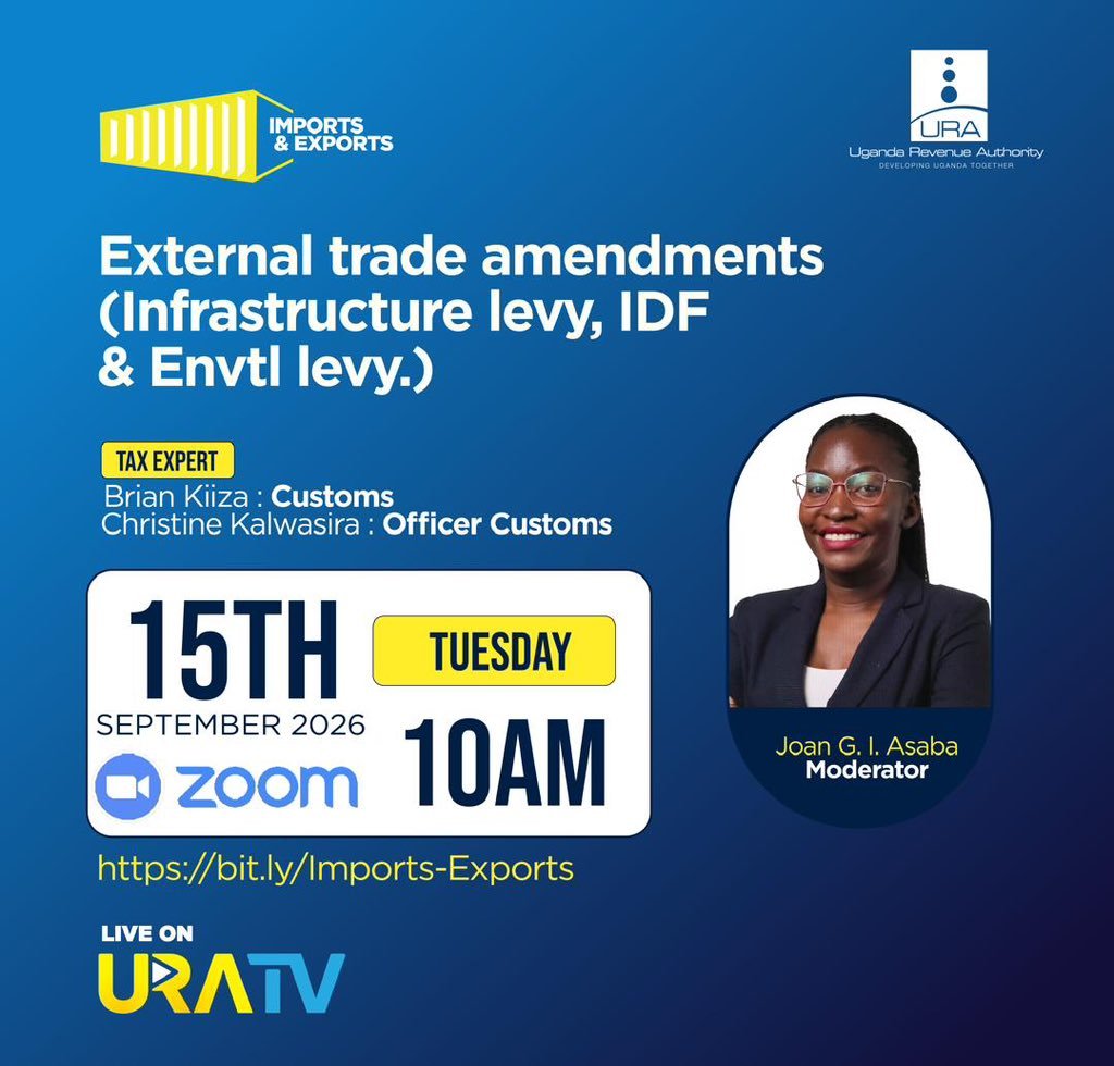 Seashore256's tweet photo. ⏰ Starting in a few hours!
Don't miss it on #URATV.
@URAuganda Customs
#FFeBano https://t.co/GpmgM8wj7C