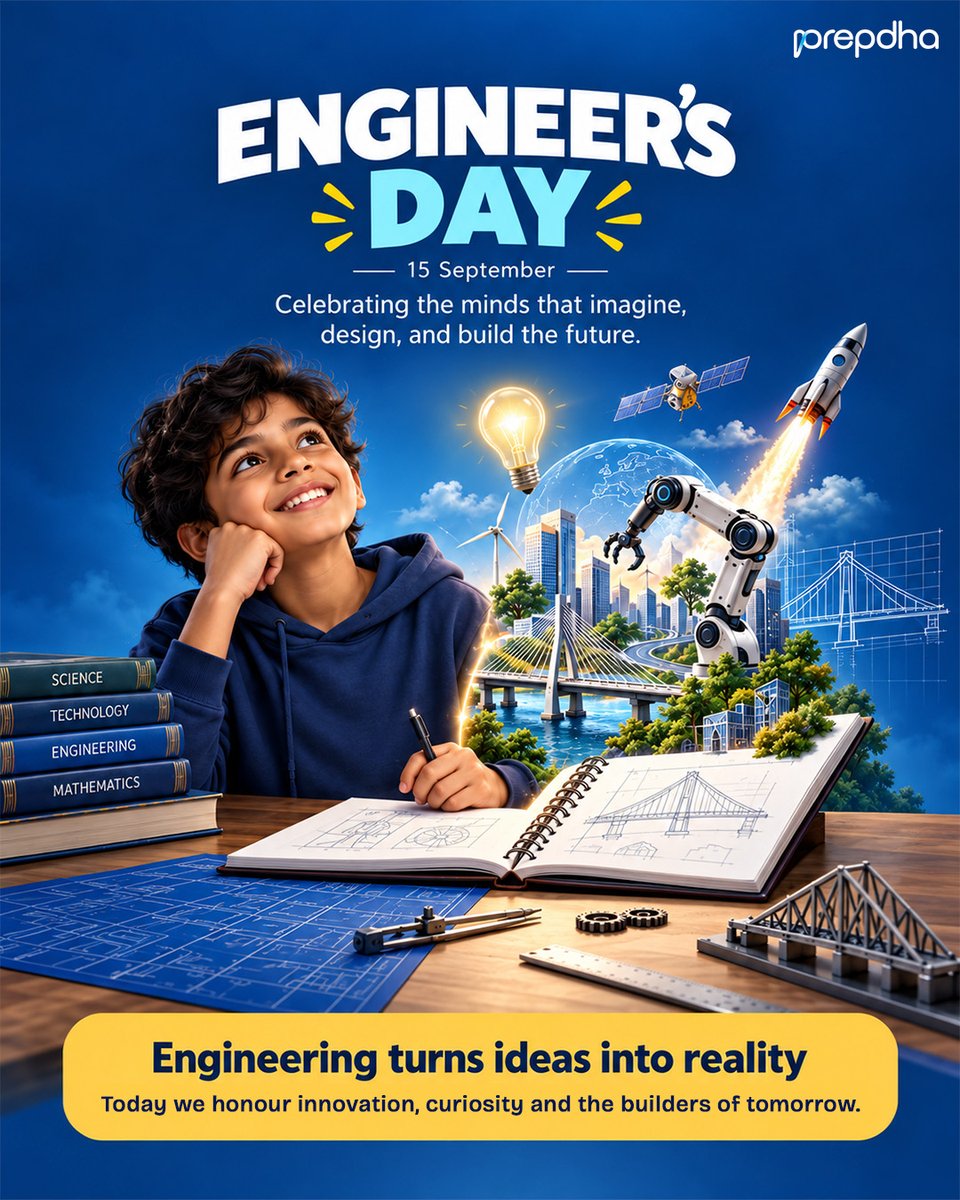 Prepdha's tweet photo. What starts as a simple idea can become a bridge, a rocket, a robot—or something the world has never seen before. 

Today, we celebrate the minds who turn imagination into innovation.

Happy Engineers’ Day! 

#EngineersDay #Engineering #Innovation #Prepdha https://t.co/q8sPyFrkHz