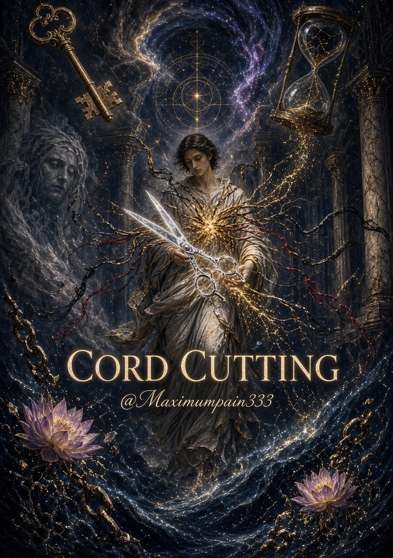 maximumpain333's tweet photo. CORD CUTTING

There are threads that no hand ever tied, yet they pull. Invisible filaments stretching from the heart, the solar plexus, the navel of the spirit—woven in moments of love, of wounding, of unfinished words and unfinished lives. Some shimmer with gold. Others hang heavy, dark as wet silk, feeding on the same current that once gave them life.

Cord cutting is not violence. It is remembrance.

In the hush between breaths the soul sees them clearly: the old lover still drinking from your light, the ancestor whose grief became your inheritance, the version of yourself you abandoned at the crossroads and never retrieved. These cords are neither good nor evil. They are simply unfinished stories still speaking through the body.

The ritual is ancient and wordless. One does not hack. One does not rage. One stands in the center of the inner temple, where time has no jurisdiction, and with the quiet authority of the sovereign self, names what is no longer yours to carry. A blade of light appears—sometimes scissors of moonlight, sometimes a single thread of silver fire held between two fingers of the higher will. The cut is clean. The energy that was bound returns home, some to you, some to the other, most to the great ocean from which all cords were first spun.

What remains is space. Not emptiness, but the fertile dark in which new constellations can form. The body exhales. The field brightens. What was once a chain becomes a memory, and memory, when released, becomes wisdom.

You are not required to stay tethered to what no longer serves the unfolding of your soul. The universe itself practices this art every dawn: it cuts the night from the day and lets both live.

Cut with love. Cut with clarity. Cut and then bless the space that opens.

The cords were never the relationship. They were only the unfinished sentence. Now the page is yours again.