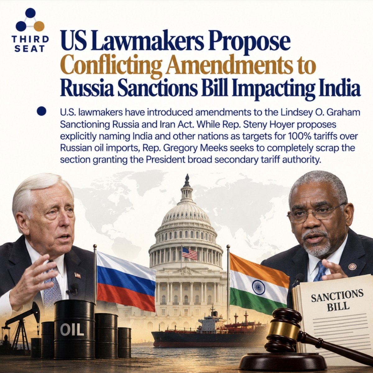 ThirdSeat_org's tweet photo. US Lawmakers Clash Over Naming India in Russia Sanctions Tariff Bill.
@RepGregoryMeeks @LindseyGrahamSC @MEAIndia @DrSJaishankar @USAndIndia
#USSanctions #RussiaSanctions #IndiaUSRelations #RussianOil #Geopolitics #StenyHoyer #GregoryMeeks https://t.co/2tbv4gG3RM