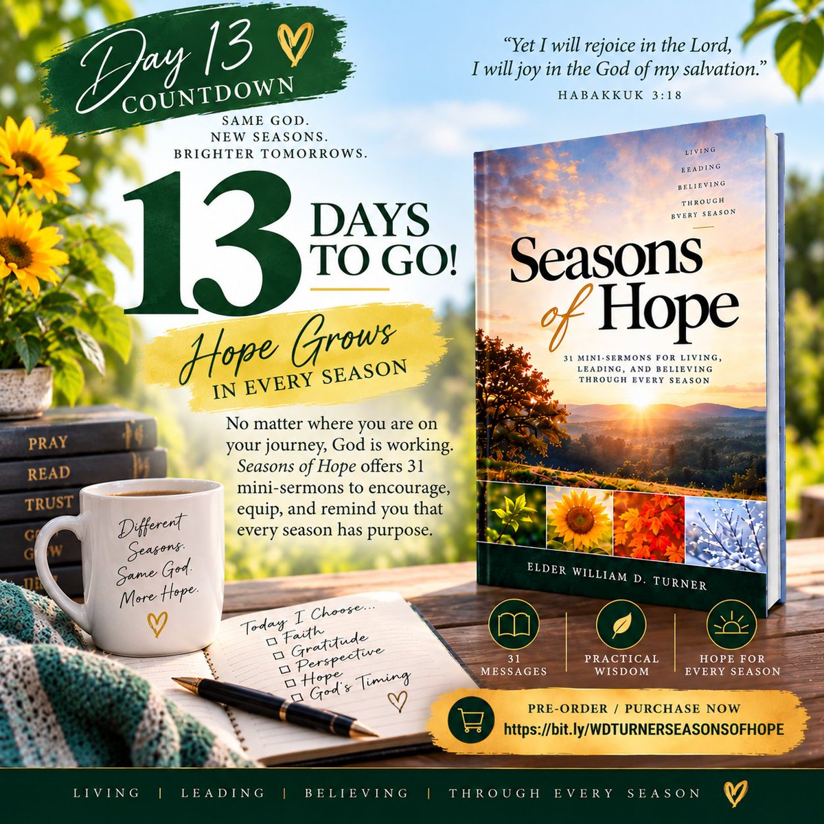 MLeakPoetry's tweet photo. 🙏 13 Days Until Launch!

Believing is more than a feeling—it’s choosing to trust God when the season is uncertain. Seasons of Hope offers encouragement to strengthen your faith through every season.📖 Get your copy: https://t.co/6bTOZfHqbt
#SeasonsOfHope #13DaysToGo #ActiveFaith https://t.co/NNYVCD1SHs