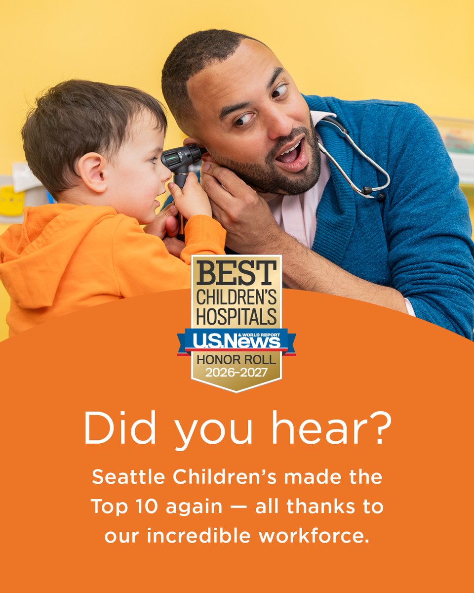 seattlechildren's tweet photo. 𝐈𝐭’𝐬 𝐨𝐟𝐟𝐢𝐜𝐢𝐚𝐥!  

For the third year in a row, Seattle Children’s has been named one of the top 10 Best Children’s Hospitals in the nation by U.S. News & World Report. We’re also No. 1 in Washington state and tied for No. 1 in the Pacific region. 

We’re incredibly proud of our workforce whose expertise and dedication make this recognition possible. 
 
This national recognition means that when your family walks through our doors, you can trust your child is being cared for by some of the very best in pediatric health care. 
 
Learn more about this year’s Honor Roll recognition: https://t.co/04ESmhSxGf