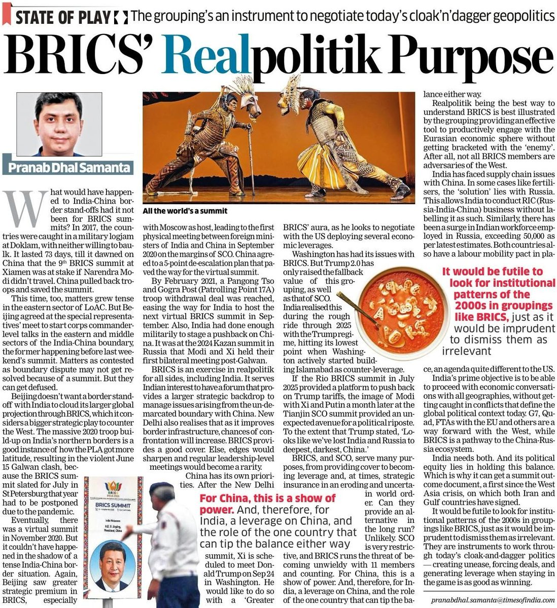 pranabsamanta's tweet photo. Why BRICS is an exercise in realpolitik. It serves many purposes for India, from managing boundary confrontations with China,  providing cover for other conversations to becoming leverage and, at times, strategic insurance in an eroding and uncertain world order. 

For China, this is a show of power. And, therefore, for India, a leverage on China, and the role of the one country that can tip the balance either way.

 My column #StateofPlay

BRICS realpolitik: How India-China tensions get defused, strategic leverage grows

https://t.co/aLsiGUYwvF