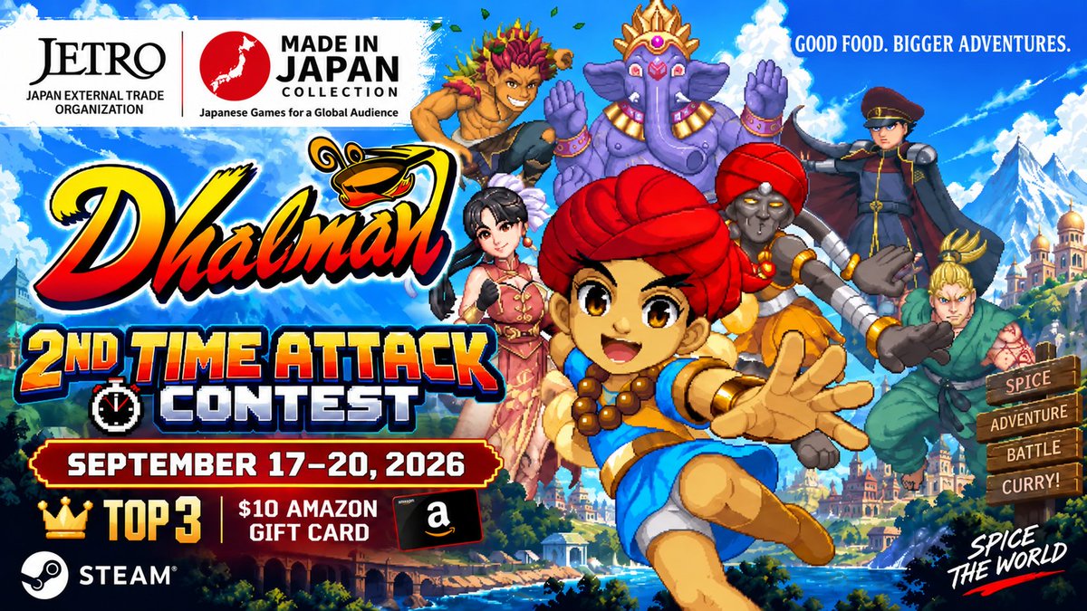 dhalmangame's tweet photo. 🔥2nd #DHALMAN Time Attack Contest!

📅 Sep 17, 00:00–Sep 20, 23:59 JST
🏆 Top 3: US$10 Amazon Gift Card
⚠️ Current rankings reset at kickoff.

Enter: Play Steam Playtest → screenshot leaderboard → post image mentioning @dhalmangame 

🎮https://t.co/VZ9Mp7d2dq

#TGS2026 #indiegaming