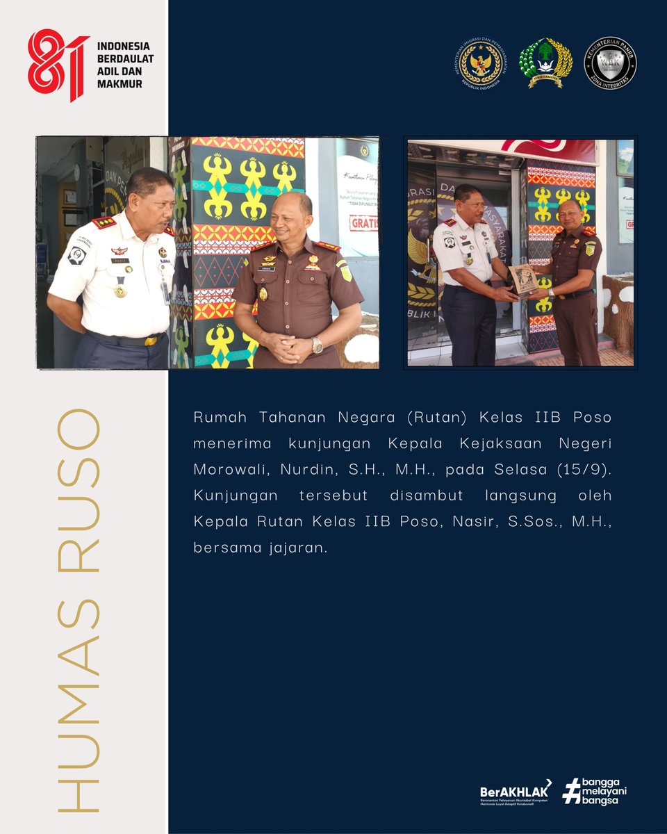 PosoRutan's tweet photo. Karutan Poso Sambut Kunjungan Kajari Morowali, Pererat Sinergi Antar Aparat Penegak Hukum

SELENGKAPNYA: https://t.co/BG5Jd1u5hp

#RutanPoso #KejaksaanNegeriMorowali #SinergitasAPH #Pemasyarakatan #KementerianImigrasiDanPemasyarakatan #RutanKelasIIBPoso #SulawesiTengah https://t.co/nmY1F0LLKA