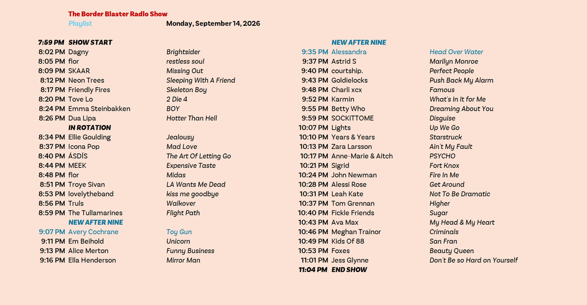 benzjfm's tweet photo. Here's this week's Border Blaster Radio Show playlist, including new music from Avery Cochrane and Alessandra, plus great tracks from the almost-mainstream! Tune in again Monday at 8pm on WBNY and on the RadioFX app — and don't miss the dance music Wednesday on DEX! https://t.co/cnvlWyGi7f
