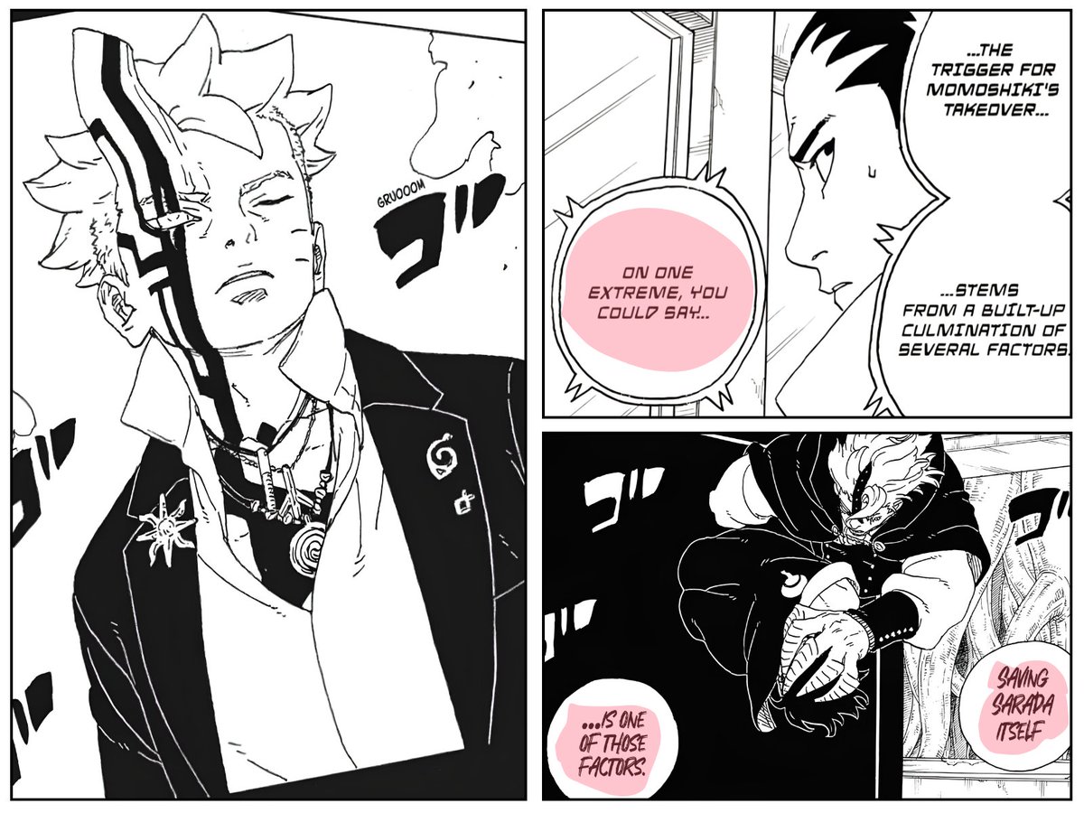 Cosm0s_Flow's tweet photo. So, saving Sarada itself is one of the extrem factor for Momoshiki's takeover. And Momoshiki knows how important Sarada is for Boruto, so he helped Boruto in noticing her earring on purpose. 

WHICH MEANS, MOMOSHIKI IS HELPING BORUTO TO REACH THAT FUTURE SO HE COULD TAKEOVER!!! https://t.co/oDMZLavGCu