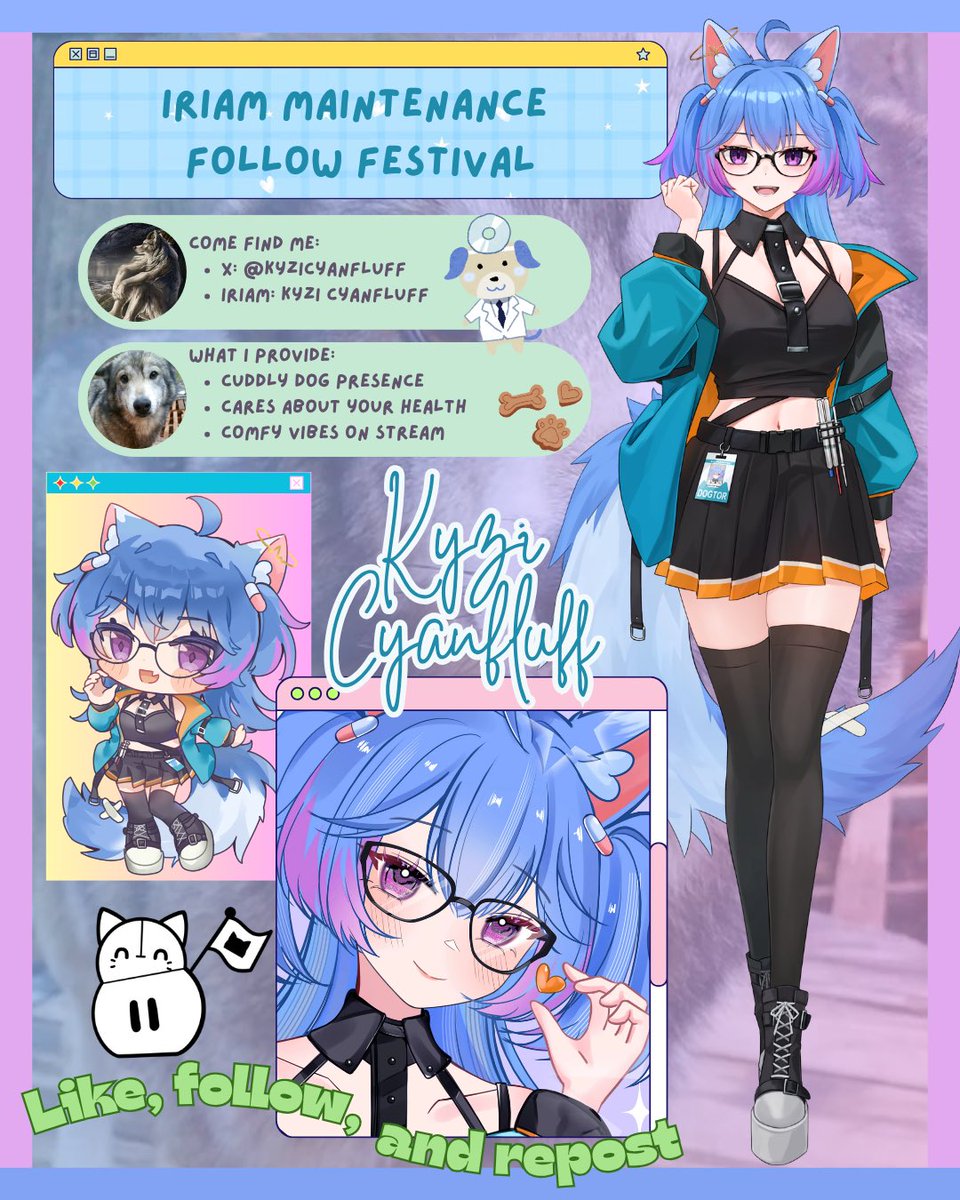 KyziCyanfluff's tweet photo. Hello everyone! My name is Kyzi Cyanfluff! I’m a medical paw-fessional and friendly dog companion! I do lots of yapping streams, and I want to make a comfy community! Let’s get to know each other more on IRIAM, shall we? 🩵

#IRIAMMaintFollowFest
#IRIAMメンテ中のフォロー祭り https://t.co/fMabryVp2v