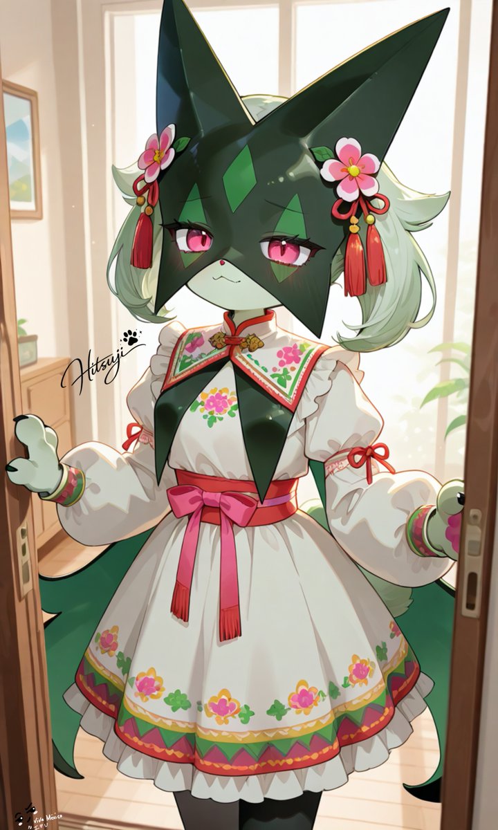 Hitsuji_Yoru's tweet photo. reused an old sketch for this one… it was for something else entirely, so i just fitted a prettier mexican dress and made new hair pieces 🌸💚
we dressed her for independence day. i hope it looks good on her 🙈✨
Own sketch + AI ✨
#Pokemon #pokemonfanart #Meowscarada #digitalart #illustration #cozy