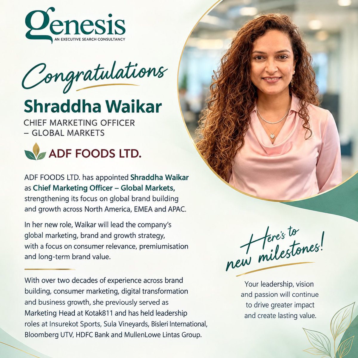 ggmspl's tweet photo. ✨ Congratulations, #ShraddhaWaikar! ✨

A new chapter of leadership and impact begins as Shraddha Waikar takes on the role of Chief Marketing Officer – Global Markets at ADF Foods Ltd. https://t.co/Mw5rnSCDR9