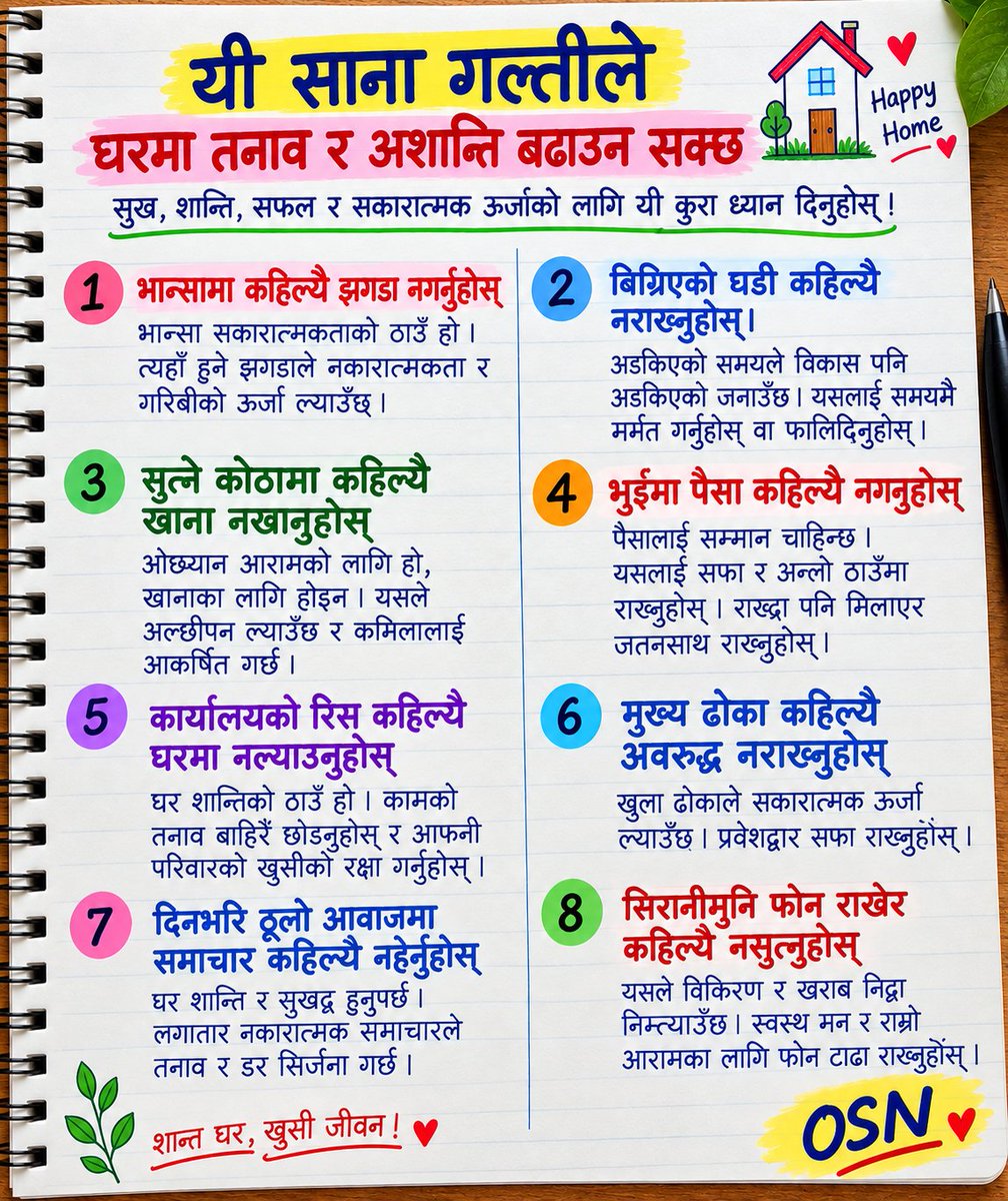 babumohanpurush's tweet photo. घरमा सुख, शान्ति र सकारात्मक ऊर्जा चाहनुहुन्छ? दैनिक जीवनका यी साना बानीहरूले घरको वातावरणमा ठूलो प्रभाव पार्न सक्छन्। तपाईं यीमध्ये कुन गल्ती गर्दै हुनुहुन्छ? 🤔 वास्तुशास्त्रको पनि ख्याल गरौं। 
#LifeTips #PositiveEnergy #HappyHome #OSN  Open Society Nepal खुल्ला समाज नेपाल https://t.co/MdDeHivBWj