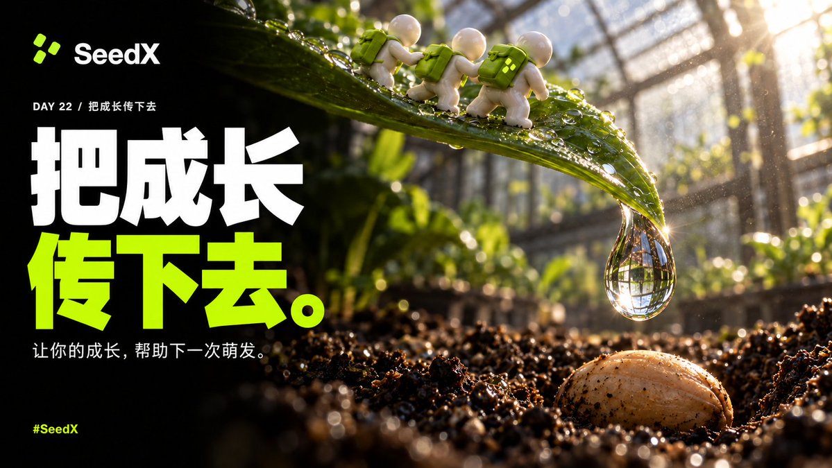 SeedX_CN's tweet photo. 叶尖的一滴水，正悬在下一颗种子上方。

Day 22：昨天，我们为成长腾出空间；今天，把获得的帮助继续传下去。一个点子、一份经验，也可以成为别人的第一滴水。

#SeedX #Web3 #Crypto https://t.co/z58yL2evaB