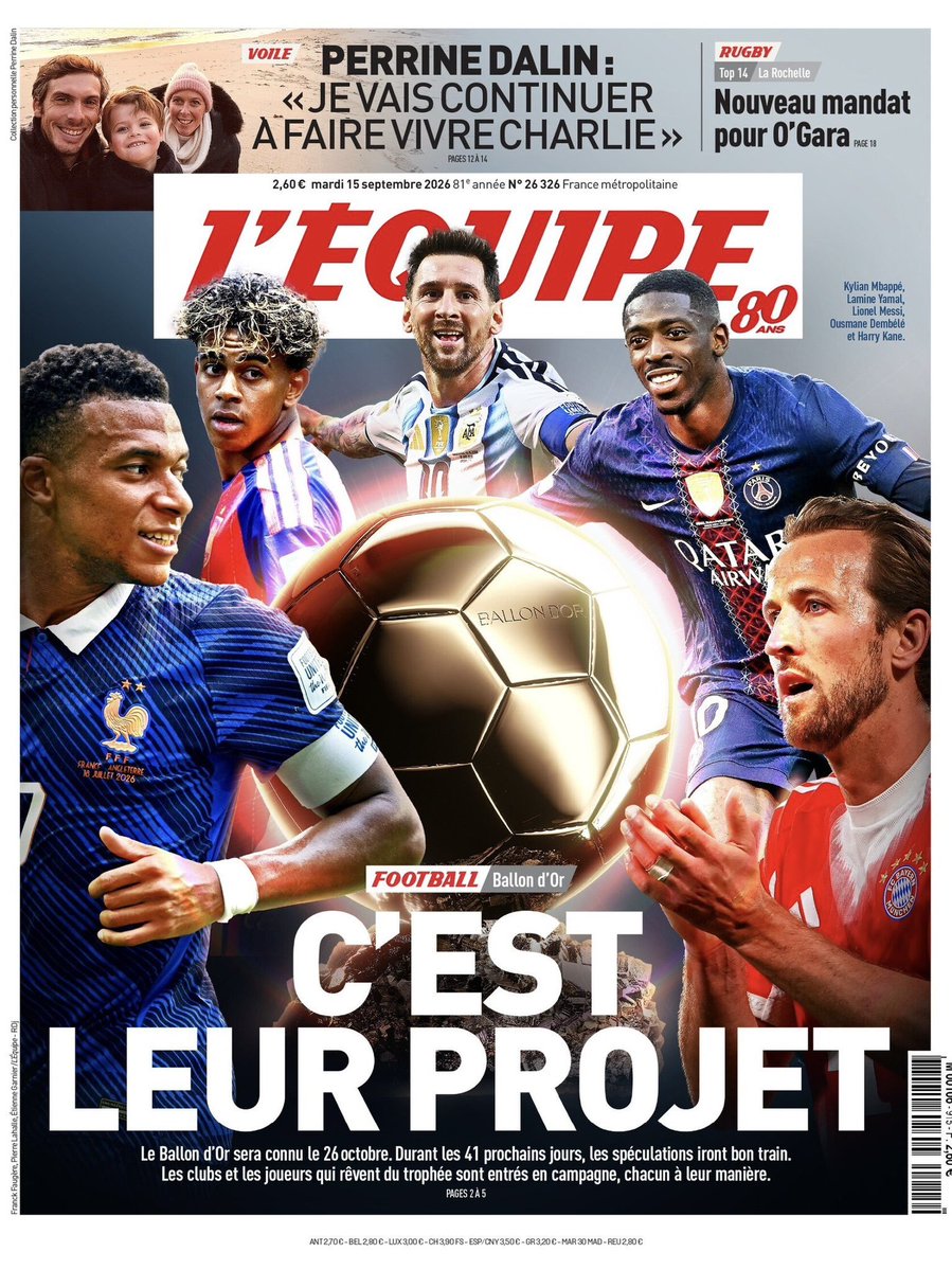 JaydenMasterBet's tweet photo. 🌕🫵🏽 L’Équipe’s front page dedicated to the Ballon d’Or 2026.

🏴󠁧󠁢󠁥󠁮󠁧󠁿 Harry Kane
🇦🇷 Lionel Messi
🇪🇸 Lamine Yamal
🇫🇷 Kylian Mbappé
🇫🇷 Ousmane Dembélé

“It’s their project”. https://t.co/klLvR8gpJc