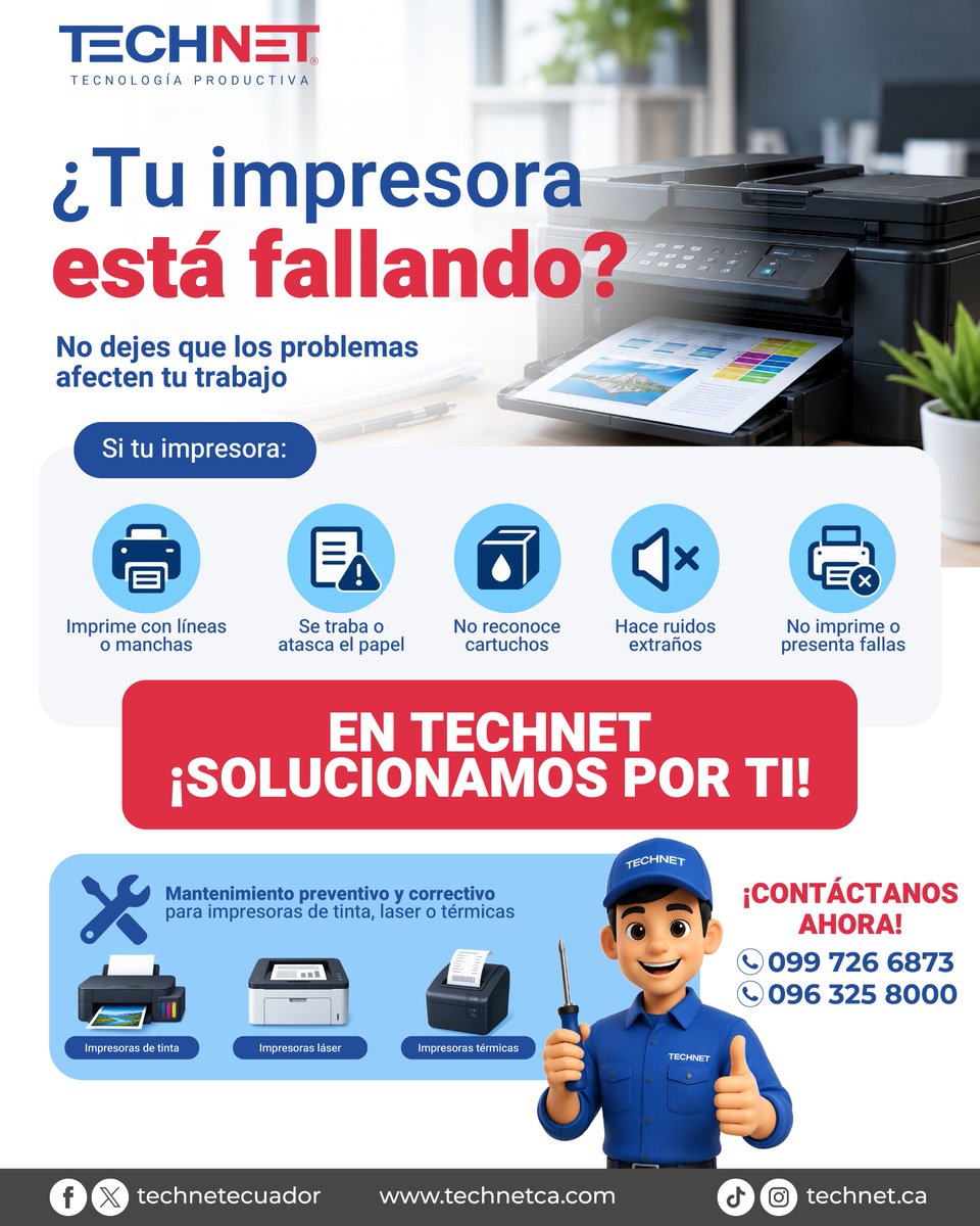 TechNetEcuador's tweet photo. 🖨️ ¿Tu impresora está fallando?
Líneas, manchas, atascos de papel o ruidos extraños pueden afectar tu trabajo.

En #TechNet ofrecemos mantenimiento preventivo y correctivo para impresoras de tinta, láser y térmicas. 🔧

📞Contáctanos 099 726 6873 | 096 325 8000 #Impresoras https://t.co/JS4Hr2MsRl
