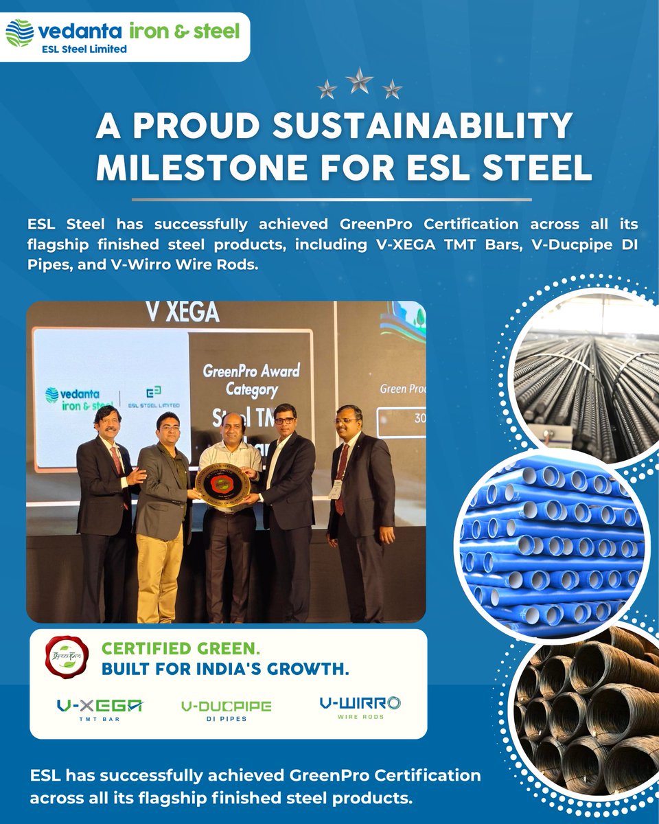ESLSteelLimited's tweet photo. A proud sustainability milestone! 

ESL Steel Limited achieves GreenPro Certification across its flagship finished steel products.

Stronger Steel. Greener Future.

#ESLSteel #VISL #GreenProCertified #GreenSteel #Sustainability https://t.co/bc7GRVqokq