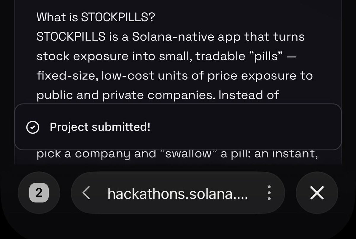 stockpills's tweet photo. Just submitted STOCKPILLS to Stocklana. 

Real and pre-IPO stock exposure, broken down into fast, tradable onchain pills, no brokerage account, no gatekeepers, no waiting.

Built for @solana. Powered by $STOCKPILLS.

Stocklana Hackathon! https://t.co/woSYUAUP4E