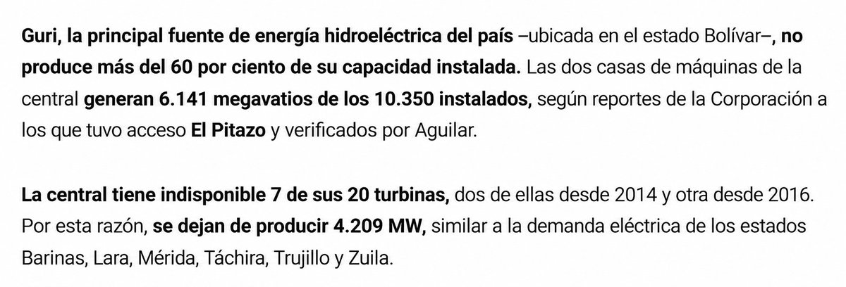 WalterVMG's tweet photo. Una investigación de @ElPitazoTV revela que una nueva falla en Guri dejó al sistema eléctrico con unos 1.200 MW menos. La central genera apenas 6.141 de sus 10.350 MW instalados y tiene 7 de sus 20 turbinas indisponibles.

La tiranía chavista acabó con todo, incluyendo el saqueo del sistema eléctrico del que fue parte Alejandro Betancourt. Ahora, para aumentar pírricamente la producción petrolera, sobreexige un sistema destruido y deja a cada vez más venezolanos, durante más tiempo, sin electricidad.
