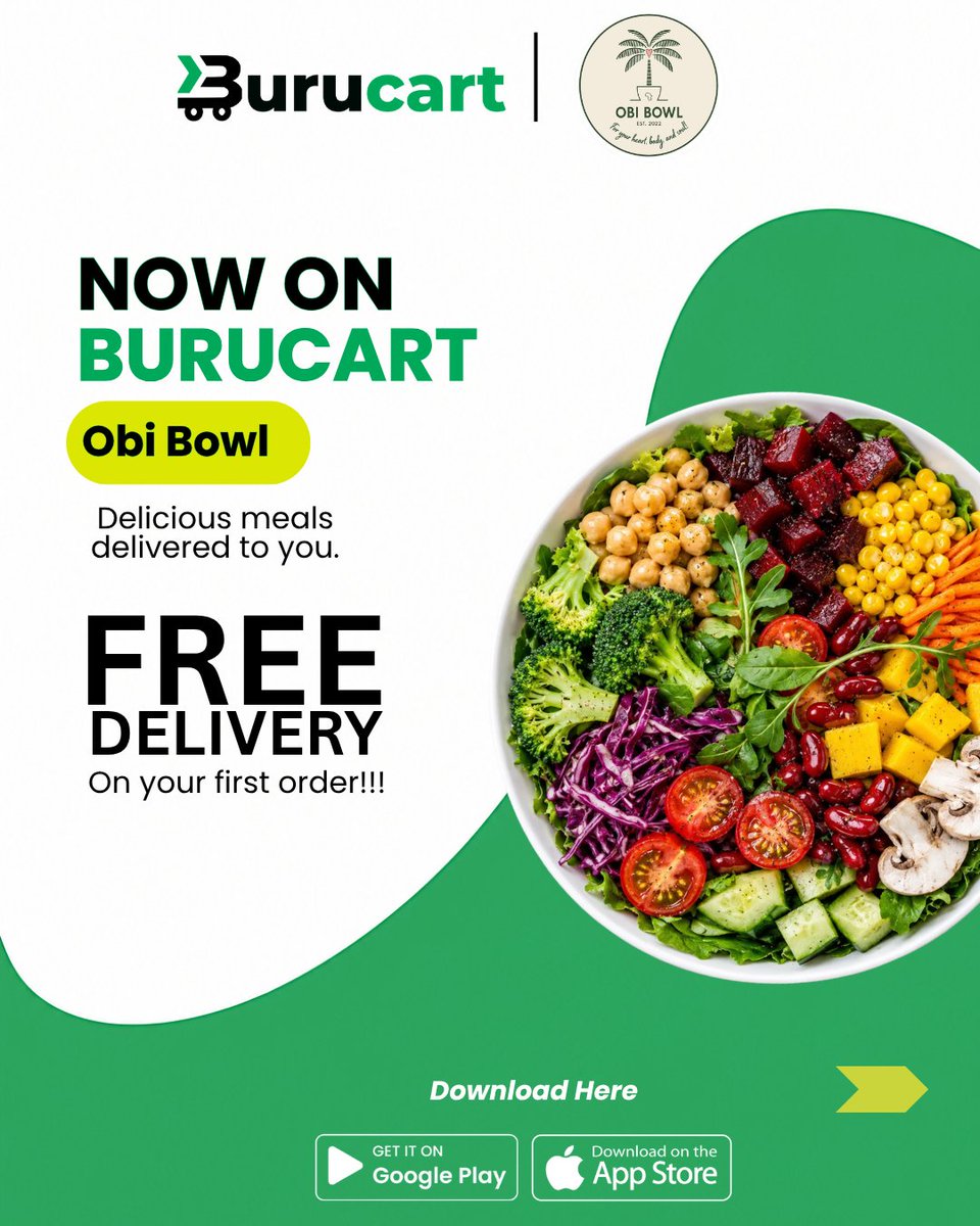 BurucartHQ's tweet photo. Your healthy meals just got easier. 🥗💚
@obibowlsalad is now on Burucart. 

First 2 deliveries  are FREE! 

#Burucart #ObiBowl #AbujaEats https://t.co/QDf135Gzr5