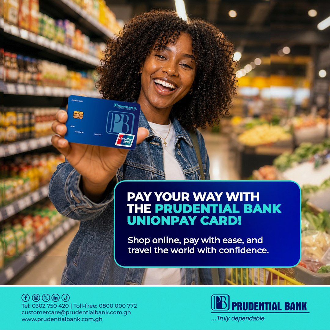 pblghana's tweet photo. Pay Your Way with the Prudential Bank UnionPay Card.
Shop online, pay with ease, and travel the world with confidence.
Visit any of our branches to get yours.
#UnionPay
#PrudentialBankGh
#TrulyDependable https://t.co/iEwG5UoKlL