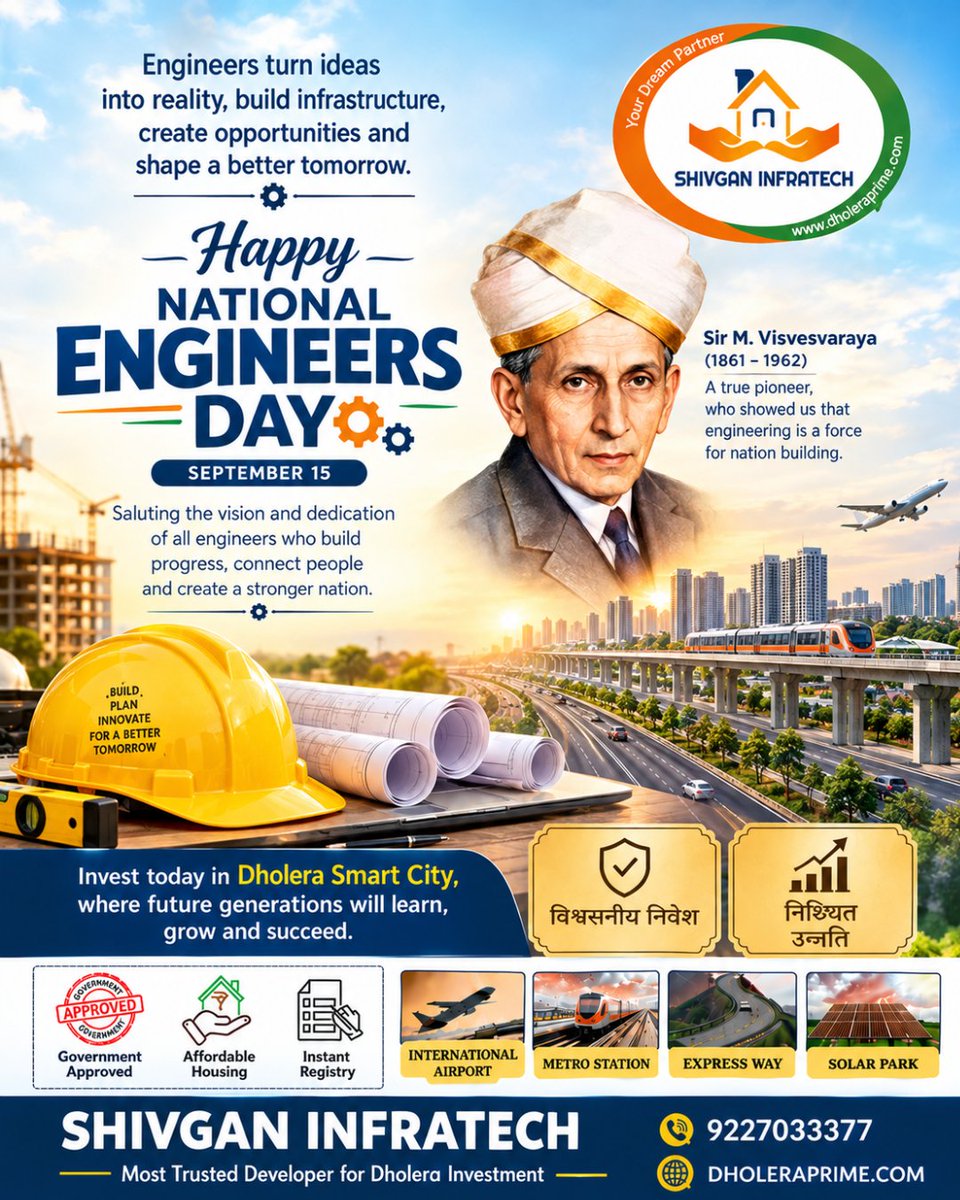 DholeraP's tweet photo. 👷♂️ Happy National Engineers’ Day! 🇮🇳
— SHIVGAN INFRATECH
Most Trusted Developer for Dholera Investment
📞 9227033377 | 🌐 https://t.co/E57Y49HtRH
#NationalEngineersDay #EngineersDay #EngineeringIndia #SirMV #Visvesvaraya #DholeraSmartCity #DholeraInvestment #SmartCity https://t.co/zHx2uJzMZS