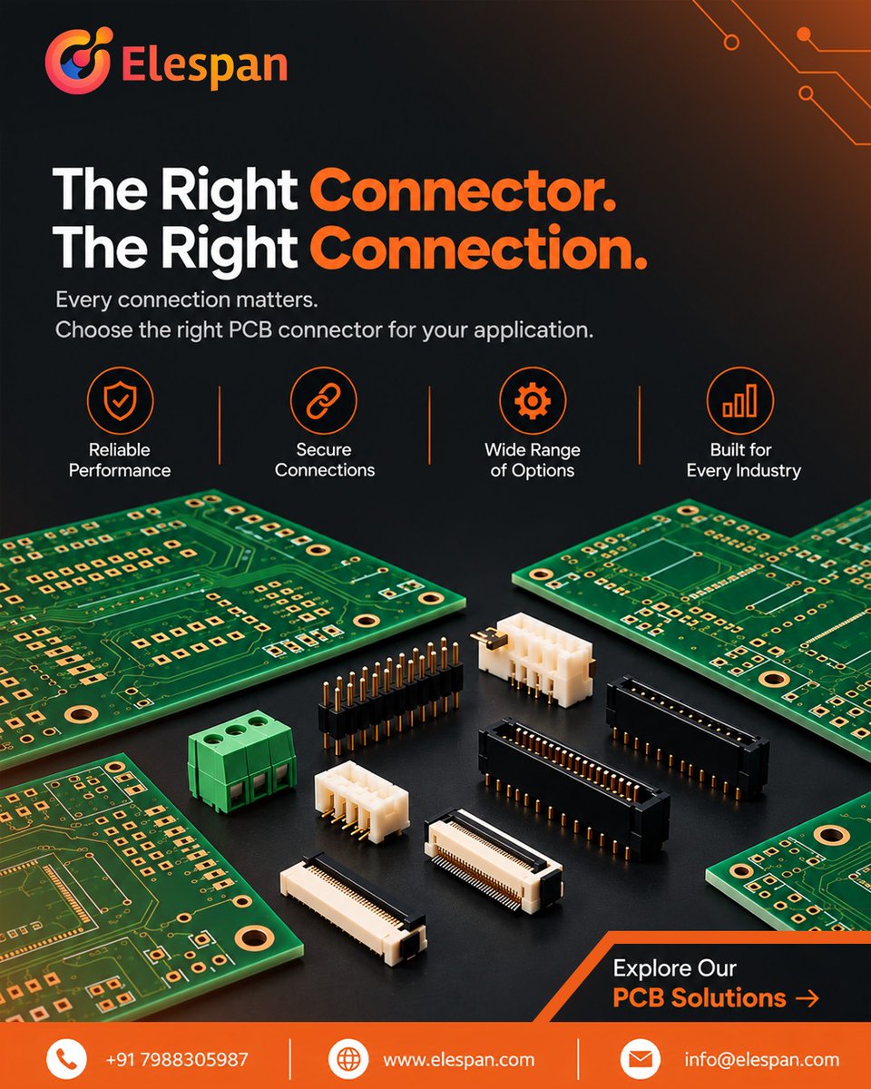 elespan_1's tweet photo. 🔌 The Right Connector. The Right Connection.
Reliable, secure &amp; application-ready PCB connectors by Elespan.

🌐 https://t.co/YmHOnvuHRN | 📞 +91 7988305987

#Elespan #PCBConnectors #PCB #Electronics https://t.co/FceexmCduO