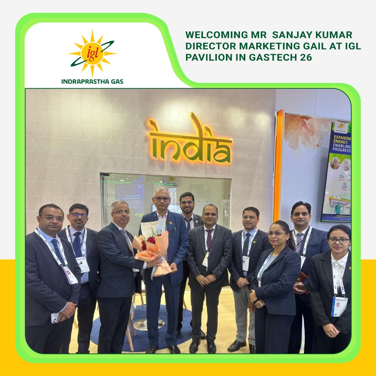 IGLConnect's tweet photo. A warm welcome at the IGL Pavilion! 🌍✨

IGL was pleased to welcome Mr. Sanjay Kumar, Director (Marketing), GAIL (India) Ltd., at the IGL Pavilion during Gastech 2026.

A meaningful interaction that reflects the spirit of collaboration and our shared vision for a stronger natural gas ecosystem and a cleaner energy future. 🌱

#IGL #Gastech2026 #GAIL #NaturalGas #EnergyTransition #CleanerEnergy #IndiaPavilion