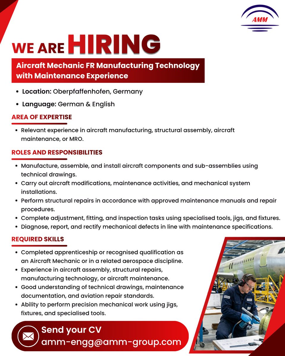 Amm_Enterprise's tweet photo. Exciting opportunity!

#AMMEnterprisegmbh #AMMGroup #germany #germanyjob #germanyjobs #job #jobs #jobsearch #engineer #engineering #wearehiring #nowhiring #hiring #recruiting #careers #Hiring #NowHiring #AircraftMechanic #AircraftMaintenance #AviationJobs #AerospaceCareers https://t.co/1sz8UWhPq5