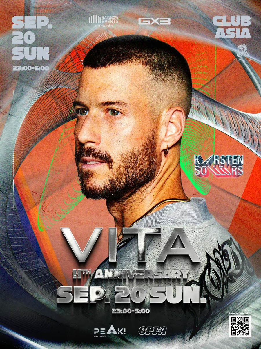clubasia_tokyo's tweet photo. THIS WEEK!!｜2026.9.20_SUN 23:00
『 VITA 11th Anniversary The New Chapter 』
➤ #clubasia

As the energy of Ultra Japan reaches its peak, VITA celebrates its 11th anniversary by evolving into a new stage.
The keyword: “Updated Underground”
Confirming the Japan debut of a special guest DJ who embodies this new vision.

Ultra Japan最終日の熱気が冷めやらぬ夜、VITAは11周年の節目を迎え、新たなステージへと進化を遂げる。
キーワードは「Updated Underground」
この方向性を体現する初来日ゲストDJの出演が決定。

[Main Fl.]
VITA
Music by
Special Guest DJ Karsten Sollors
Opening set by Twisted Disko (GAKKIE+Yohei)
Gogos: Atsushi / BRAVE / DIO / KENCHANA / LUM / TOWA and more TBA

[Foyer]
PEAK!
Music by DJs: YUKITA / Nosh / Aiya / WATARU / Ryoya

[2nd Fl.]
OPPA

Jagermeister Boy: Yu-ki
VITA Boys: KENT and more TBA

----------------
TICKET > > >  ZAIKO ( https://t.co/Y3vnl7enLV )
Early Bird ¥3,500 (with 1drink ticket) ◀ NOW ON SALE still 7/19 23:59
ADV ¥4,000 (with 1drink ticket) ◀︎ 7/19 23:59〜