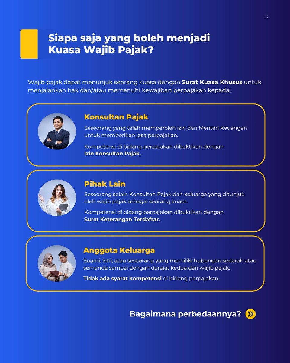 DitjenPajakRI's tweet photo. #KawanPajak Urusan pajak memang boleh diwakilkan, tapi sudah tahu belum siapa saja yang berhak menjadi Kuasa Wajib Pajak sesuai aturan terbaru? 
Berdasarkan PMK Nomor 44 Tahun 2026, Wajib Pajak kini dapat menunjuk Konsultan Pajak, Pihak Lain (dengan Surat Keterangan Terdaftar), atau Anggota Keluarga melalui Surat Kuasa Khusus.
Selengkapnya simak info berikut