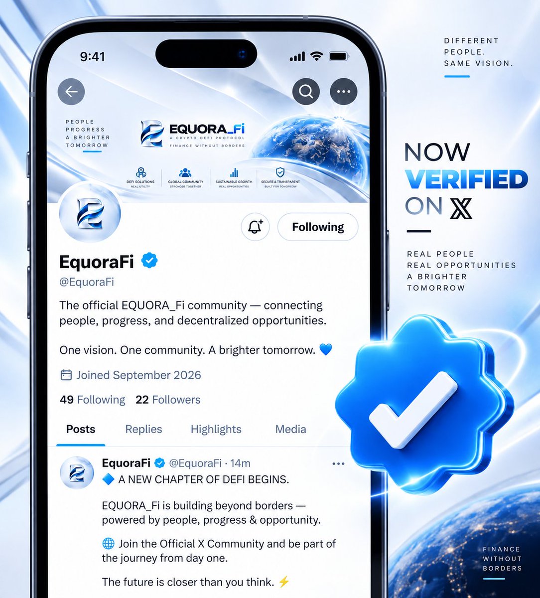 EquoraFi's tweet photo. 🔷 EQUORA_Fi IS NOW VERIFIED ON X! ✓

A new chapter begins.
Official. Verified. Built for what’s next.

🌐 Follow EQUORA_Fi for official announcements, DeFi updates, and the journey ahead.

Username: @EquoraFi
🔗 Official X: https://t.co/6312M5Knpb

Finance Without Borders. 💙 https://t.co/IynjOU6voB