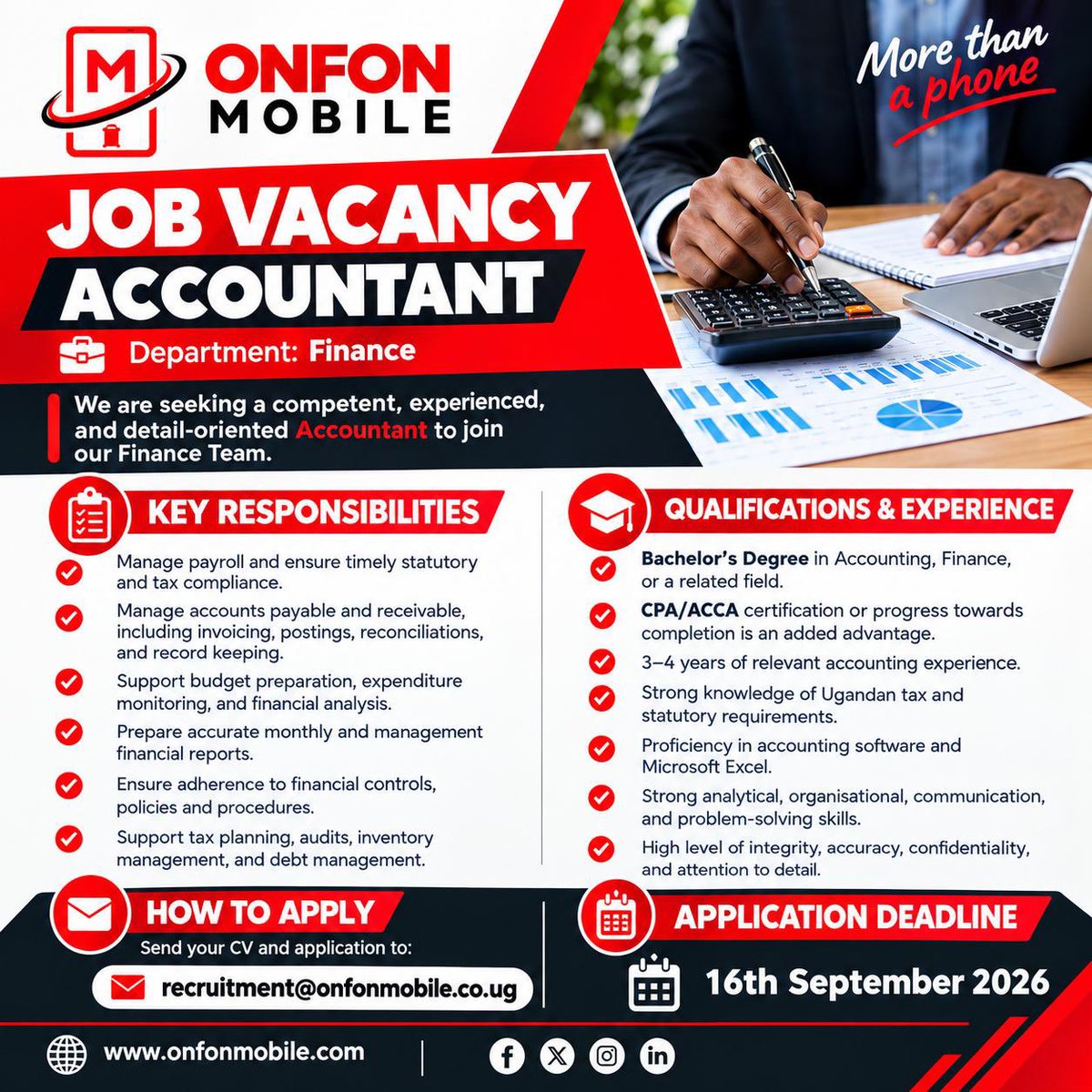 OnfonMobileUg's tweet photo. We are hiring! 💼🚀
We currently have open vacancies for:
👉 Accountant (Finance Department)
👉 Risk ManagerIf you have the right qualifications, a sharp eye for detail, and the drive to grow with a dynamic team, we want to hear from you! https://t.co/2CTCpNediZ