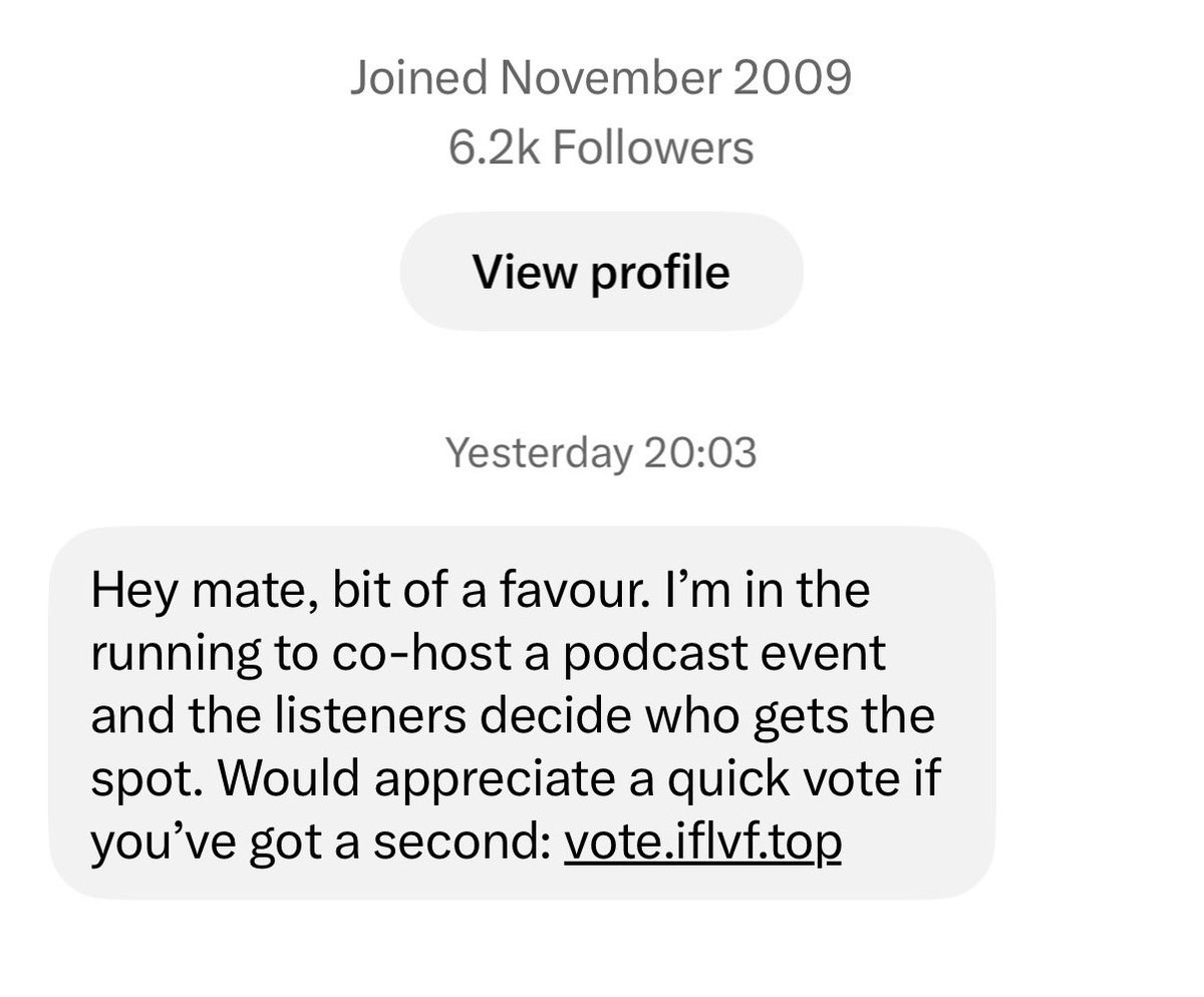 jabberworks's tweet photo. If you get this sort of direct message, it’s a sign that an account’s been hacked. Don’t click the link! https://t.co/Js8Q51BwDO
