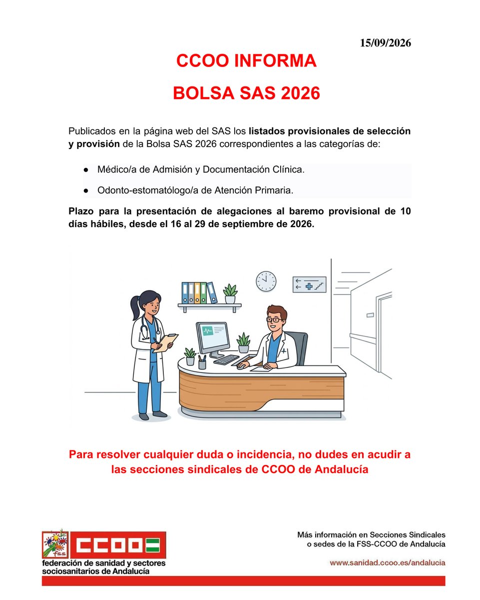 fssccooand's tweet photo. 📌 CCOO Informa - Bolsa SAS

📑 Publicados listados provisionales de selección y provisión para diferentes categorías

🗓 Se abre plazo de alegaciones

💻 Consulta los listados desde nuestra web:
https://t.co/lykHlm4GYv

#CCOOTuSolución #Sanidad #Andalucía https://t.co/h7FUCj4fPR