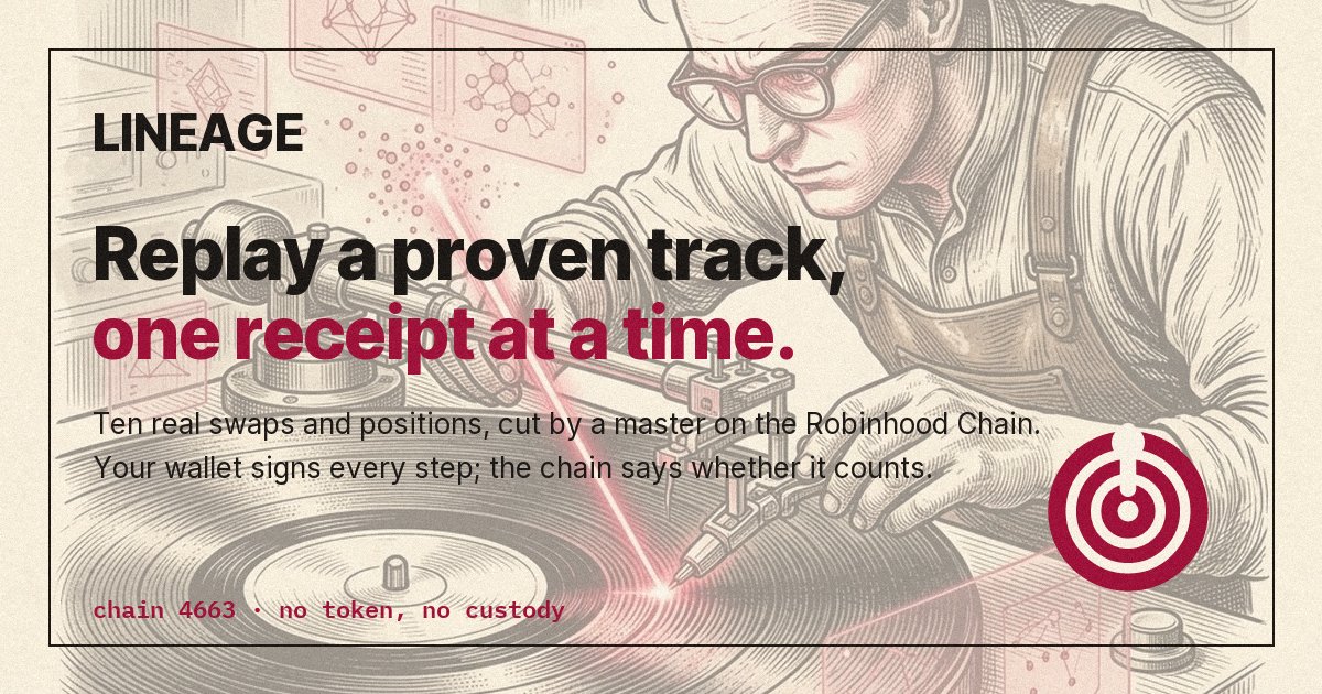 LineageVault's tweet photo. Replay a proven track,
one receipt at a time.

Ten real swaps and positions, cut by a master on @RobinhoodApp .
Your wallet signs every step.
The chain says whether it counts.

Chain 4663.
No token. No custody.

LINEAGE
Masters cut. Apprentices press. https://t.co/mvNtklYdeN