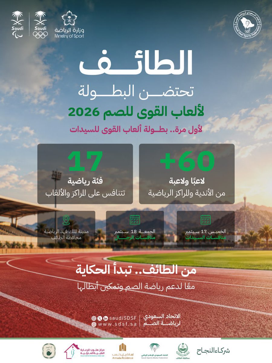 makkahregion's tweet photo. محافظة الطائف تحتضن بطولة المملكة لألعاب القوى للصم 2026

🗓️ 18-17 سبتمبر 2026م 
📍 مدينة الملك فهد الرياضية – الطائف https://t.co/5jfFrqL34x