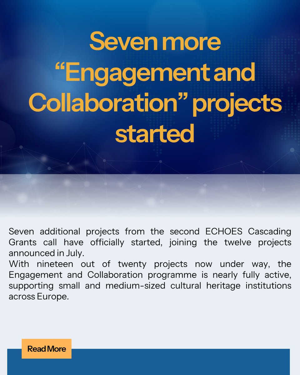 echoes_eu's tweet photo. Nineteen of twenty.

Seven more Engagement and Collaboration projects have started, joining the twelve from July. Audiovisual collections, textile heritage, landscape archives, Norway, Iceland.

Built for small and medium-sized institutions.

#EchoesEccch #CulturalHeritageCloud https://t.co/X4jCiTQltP