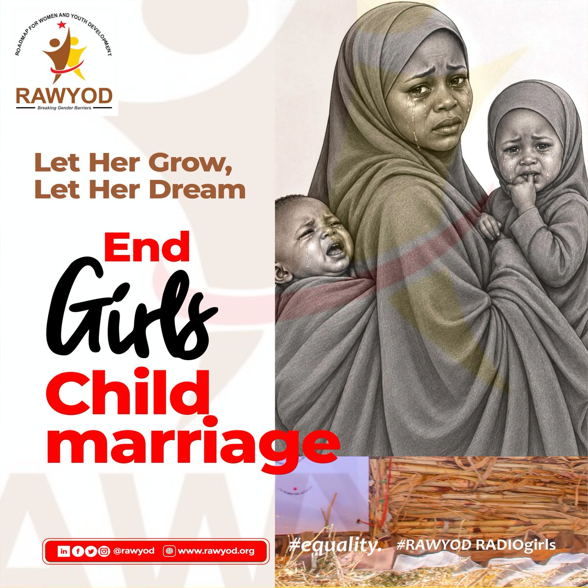 RAWYOD's tweet photo. Let Her Grow, Let Her Dream

Child marriage can take away a child’s opportunity to grow, and build a future. It can expose girls to health risks, violence, &amp; poverty

let's educate families, &amp; speak up against harmful practices.
 @girlsvoices1  #EndChildMarriage #protection https://t.co/dWzRT5VUbG