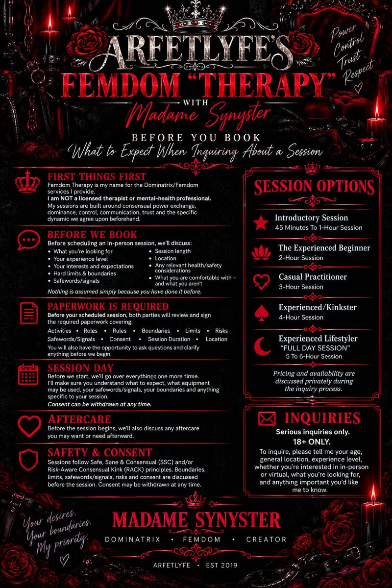 madamesynyster's tweet photo. Curious about working with a professional Domme?
This flyer explains what to expect, how I approach sessions, my expectations, and how to inquire.
18+ | Serious inquiries only.
#femdom #domme #dominatrix #mistress #goddess #madame #madamesynyster #chasity #locktober #ballbusting https://t.co/9y1vR7B86q
