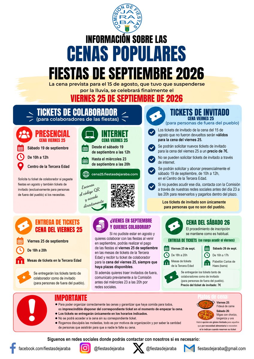 fiestasdejaraba's tweet photo. 🍽️ CENA POPULAR — VIERNES 25/09/2026

💻 INTERNET: desde el sábado 19 a las 12h hasta el miércoles 23 a las 20h.
👉 https://t.co/JCVjP6YfwY

🏠 PRESENCIAL: sábado 19, de 10h a 12h, en las mesas de tickets de la Tercera Edad.

🎟️ Tickets: viernes 25, 18h a 20h, en la Tercera Edad. https://t.co/GrPDUZYLZi