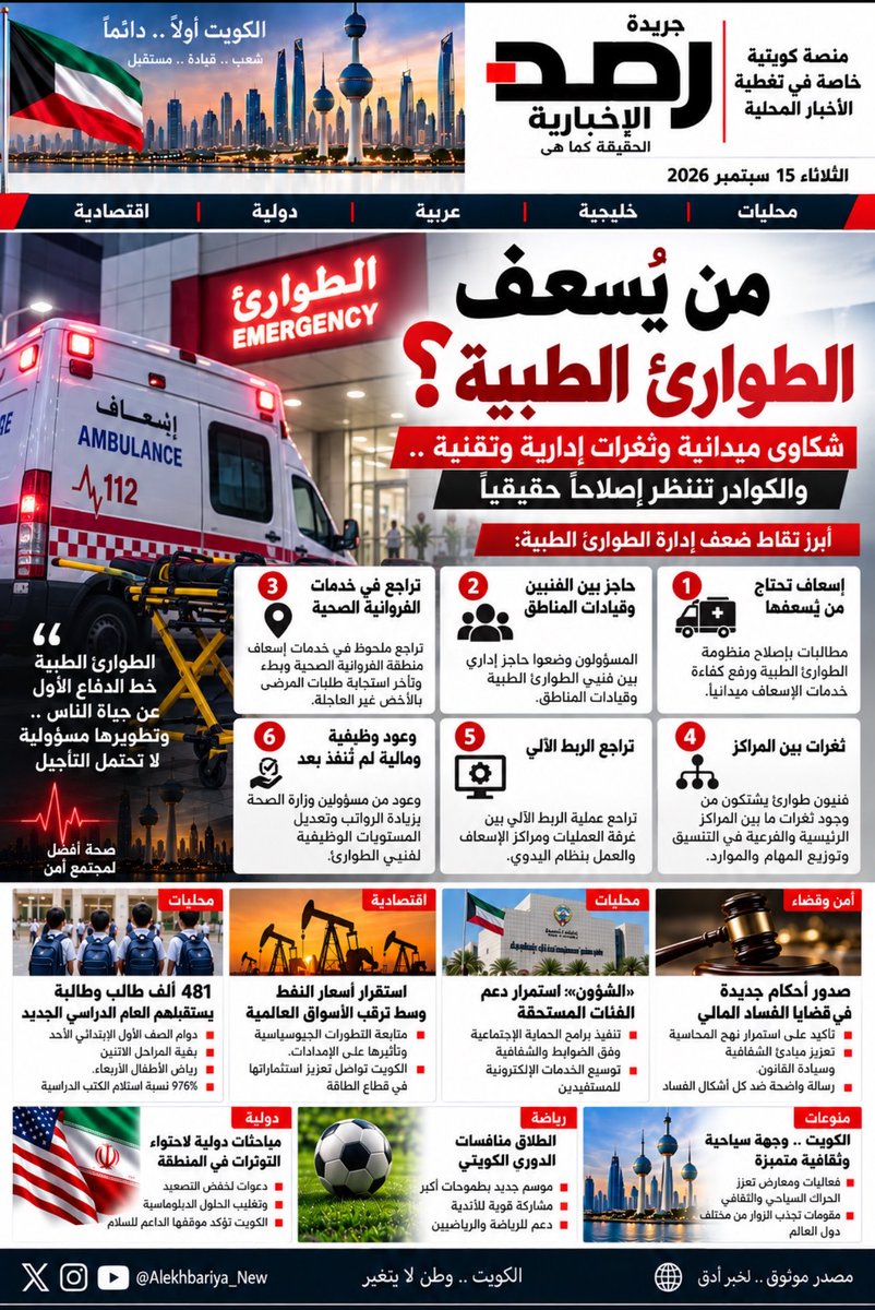 Alekhbariya_New's tweet photo. إسعاف تحتاج من يُسعفها مطالبات بإصلاح منظومة الطوارئ الطبية ورفع كفاءة خدمات الإسعاف ميدانياً

حاجز إداري بين فنيين الطوارئ الطبية وقادات المناطق، بما قد يضعف سرعة نقل الملاحظات والشكاوى ومعالجة المشكلات الميدانية.

تراجع ملحوظ في مستوى الخدمة بمنطقة الفروانية الصحية مع عده شكاوي https://t.co/ZZJOwN23NY